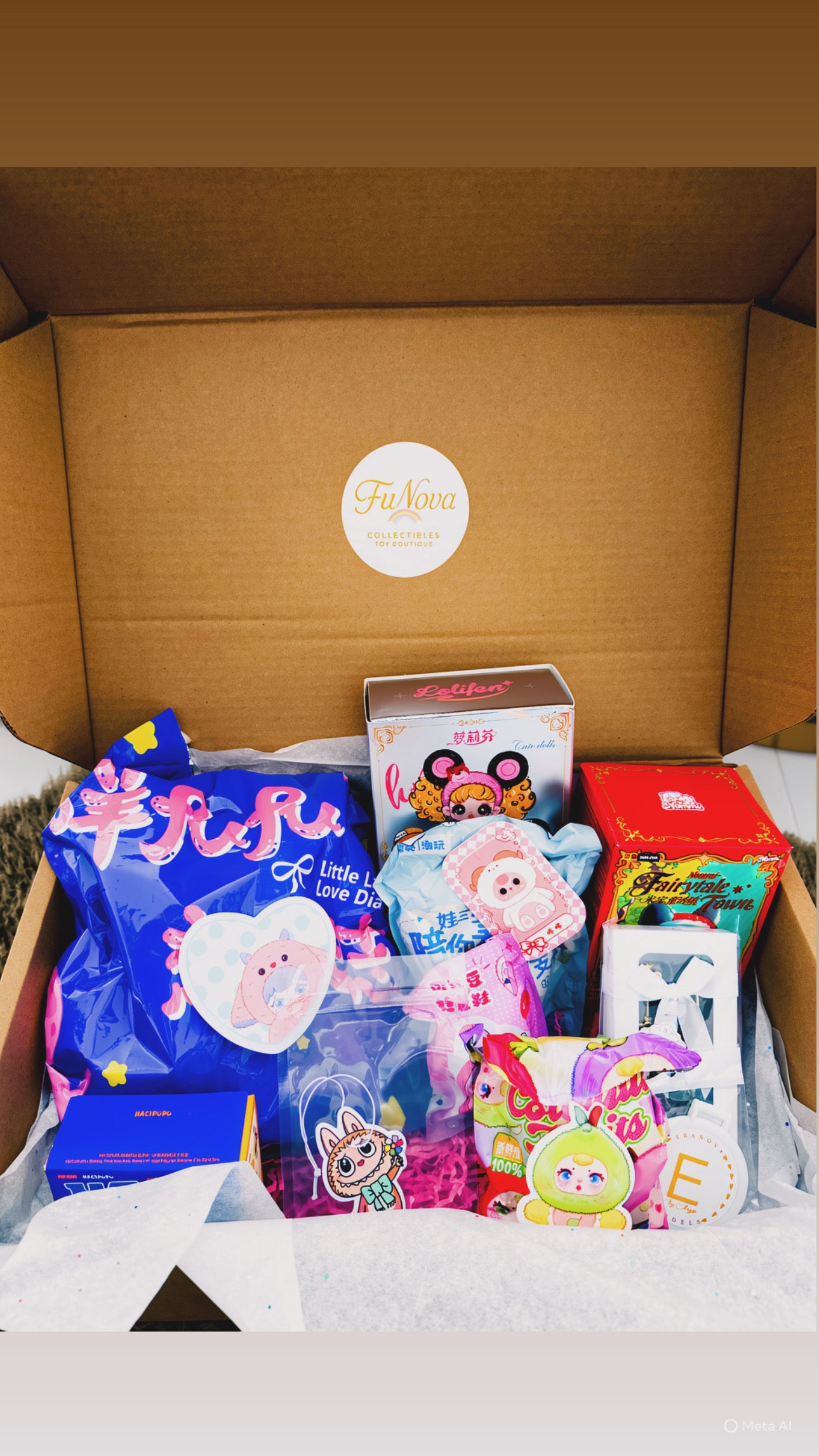 Open box containing various colorful packages with visible branding ,  sample of medium package, content will variaty